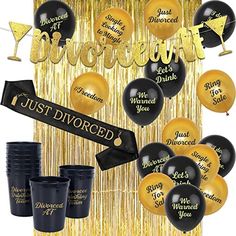 black and gold party supplies including balloons, streamers and decorations