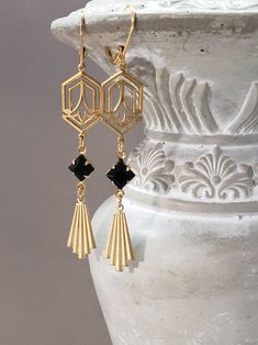 Luxury Brass Art Deco Jewelry, Luxury Handmade Art Deco Jewelry, Luxury Gold Art Deco Earrings, Luxury Art Deco Brass Jewelry, Luxury Black Art Deco Earrings, Flapper Jewelry, Black And Gold Art Deco, 1920s Earrings, Black And Gold Art