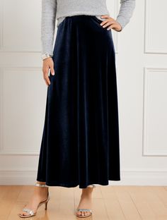 Pull on effortless style with our have-to-have maxi slip skirt. Crafted from sumptuous velvet. Elegance was never so easy. Features Maxi Hits Below Knee Hidden side zip closure Imported Fit: Misses: 37"; Petite: 34"; Plus: 37" Material: 90% Polyester, 10% Spandex Care: Machine Wash Cold; Only Non-Chlorine Bleach When Needed; Tumble Dry Low; Cool Iron On Reverse | Velvet Maxi Slip Skirt Talbots Toile Skirt, Maxi Slip Skirt, Velvet Maxi Skirt, Midi Sweater Skirt, Casual Holiday Outfits, Navy Blue Skirt, Blue Toile, Preppy Fall, Velvet Maxi