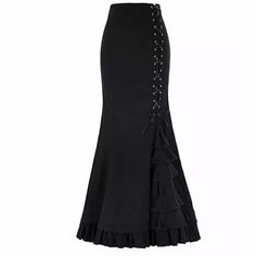 New With Tags Skirt Black Ruffle Lace-Up Maxi Size M Waist - 14 In Length - 42 In 100% Polyester Winter Gothic, Detail Couture, Steampunk Skirt, Vestidos Retro, Elastic Skirt, Style Steampunk, Fishtail Skirt, Gothic Victorian, Victorian Steampunk