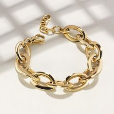 Sku: NSB1664STGCS Details: This bracelet with special oval links design, the duplex plating, it has excellent touch feeling and shining surface, is more fashionable. Stainless Steel 316L features: With its resistance to rust and oxidation, this corrosion-resistant alloy is ideal for long-lasting jewelry designs. This metal is the best suggestion for those living in high-humidity locations, as the metal will keep from rusting much longer than other metals. Length: 7.9"+1.6" Package: *1×link brace Gold Stainless Steel Oval Link Bracelets, Modern Oval Link Metal Bracelet, Trendy Oval Link Metal Bracelets, Trendy Gold-tone Oval Link Chain Bracelet, Elegant Stainless Steel Oval Link Chain Bracelet, Tarnish Resistant Oval Link Metal Chain Bracelet, Metal Jubilee Bracelet With Oval Links, Gold Oval Metal Chain Bracelet, Oval Gold Metal Chain Bracelet