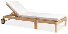 a wooden chaise lounger with wheels on it's back and seat cushion