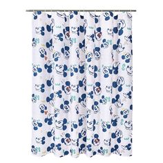 a mickey mouse shower curtain with blue and white polka dots on the bottom, in front of a white background