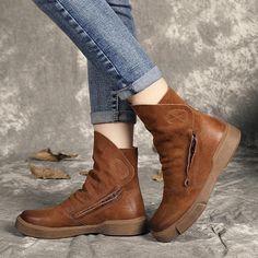 Zipper Boots, Leather Cushion, Boots Leather, Black Khakis, Flat Boots, Linen Dresses, Casual Boots, Cowhide Leather, Wedge Boot