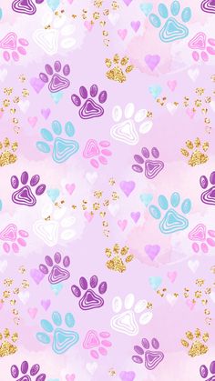 a pink background with lots of hearts and paw prints on it's sides, all in different colors