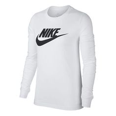 Nike Long Sleeve T-shirt For Spring, Classic White Nike Tops, Basic Nike Tops For Fall, Nike Basic Tops For Fall, White Nike Tops For Spring, Classic Logo Print Tops For Spring, Basic White Shirt For Fall, Classic Long Sleeve Tops With Logo Print, Basic White Nike Top