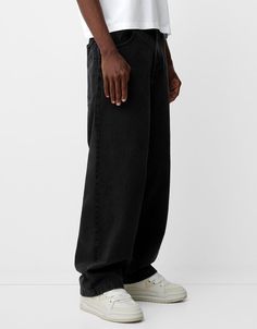 Super baggy jeans - Jeans - Men | Bershka Urban Baggy Jeans For Fall, Trendy Oversized Full-length Pants, Casual Washed Black Rigid Denim Jeans, Relaxed Fit Jeans For Streetwear In Fall, Relaxed Fit Jeans For Fall Streetwear, Cotton Jeans For Fall Streetwear, Washed Black Denim Jeans For Streetwear, Oversized High Rise Urban Bottoms, Urban Style Baggy Wide Leg Bottoms