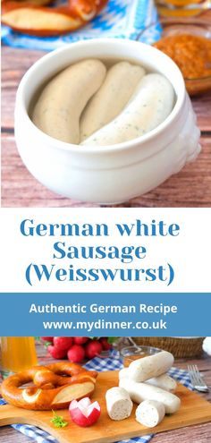 Weisswurst in a pot and on a chopping board. Dried Sausage Recipe, German Sausage Recipes, Canning Sausage, German Recipes Dinner, Traditional German Recipes, Boudin Sausage, Pastrami Recipe, German Breakfast, Easy German Recipes