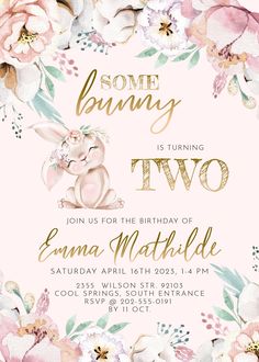 Some Bunny is Two Pink Spring Birthday Invitation Somebunny Is Turning Two, Bunny Theme 2nd Birthday Party, Hop Two It Birthday, 2nd Birthday Bunny Theme, Bunny Second Birthday Party, Bunny 2nd Birthday Party Girl, Some Bunny Is Turning Two, Second Birthday Invitation, Some Bunny Is Two Birthday