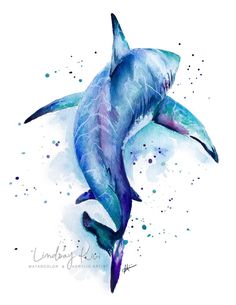 a watercolor painting of a dolphin on white paper