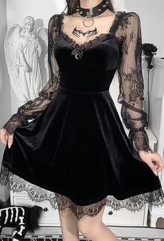 Punk Dress, Black Lace Mini Dress, 파티 드레스, Romantic Goth, Flare Sleeve Dress, Rave Outfit, Goth Dress, Vestidos Vintage, Gothic Dress