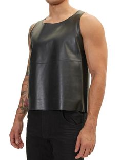 Picture of a model wearing our  Mens Black Leather Tank Top Leather Tank Top, Mens Black Leather, Leather Shirt, Social Gathering, Smooth Texture, Quality Fashion, Black Media, Black Tank Tops, Step Up