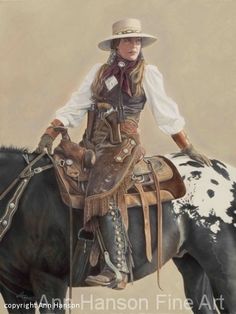 a drawing of a woman riding on the back of a brown and white horse with a cowboy hat