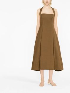 KHAITE Lalita Pleated cotton-blend Midi Dress - Farfetch Midi Dress Brown, Brown Midi Dress, Auburn Brown, Yoko London, Blouse Pants, Belted Jacket, Summer Beach Wear, Pale Yellow, Blouse Dress