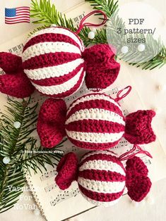 three crocheted christmas ornaments on top of a piece of paper