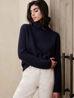 Chiara Cashmere Turtleneck Sweater | Banana Republic Black Turtleneck Sweater, Rib Stitch, Oxford Blue, Cashmere Yarn, Knitwear Fashion, Cashmere Turtleneck, High Waisted Trousers, Cashmere Sweaters, Cool Things To Make