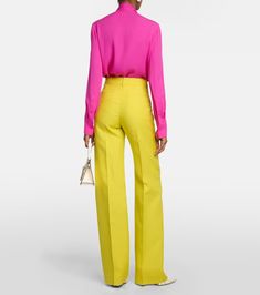 Crêpe Couture high-rise straight pants in yellow - Valentino | Mytheresa Silk Straight Pants For Work, Silk Straight Pants For Workwear, Chic Bottoms With Button Closure And Straight Hem, Silk Wide Leg Pants With Pressed Crease, Silk Dress Pants With Pressed Crease For Work, Tailored Silk Bottoms For Spring, Chic Silk Bottoms For Office, Tailored High-waisted Silk Wide Leg Pants, Silk Wide-leg Pants For Work