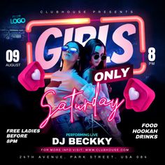 girls only saturday flyer with two women in front of neon lights and hearts on the back