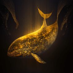 a yellow whale floating in the air with its mouth open and it's tail curled up