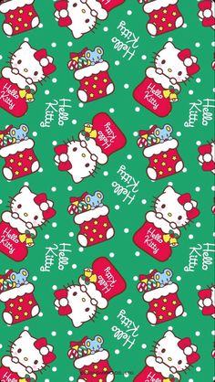 hello kitty christmas stocking pattern on green background