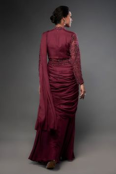 Maroon bangalore crepe padded pre-draped gown saree with sequins, cutdana and glass crystals hand embroidery. Comes with a belt. - Aza Fashions Gown Saree, Saree Gowns, Saree Women, Draped Gown, Drape Gowns, Saree For Women, Drape Saree, Embroidery Suits, Aza Fashion