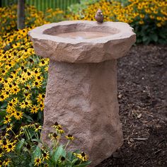 a bird bath sitting on top of a cement slab in front of some yellow flowers