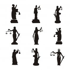 the silhouettes of people holding scales and hammers in different poses, including one woman with