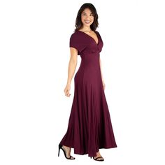 A formal look has never been so comfortable. With its regal full-length skirt this womens maxi dress makes for an elegant formal or casual look. Featuring a v-neck line and v cut on the back, cap sleeves, flared a line skirt, defined empire waist, and is made from a soft and comfortable stretch material in four beautiful year round colors and it is machine washable for easy care. The perfect dress to keep in your closet for any special occasions or just an eye-catching date night look. Made in t Solid Color A-line V-neck Evening Dress, Solid A-line Maxi Dress For Evening, Elegant A-line Maxi Dress For Dinner, Chic V-neck Floor-length Dress For Formal Events, Chic Floor-length V-neck Dress For Formal Occasions, Chic Formal Floor-length V-neck Dress, Elegant Solid Empire Waist Maxi Dress, Elegant Solid Color Empire Waist Maxi Dress, Formal Solid V-neck Dress With Surplice Neckline