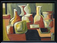 a painting of vases and bottles on a table