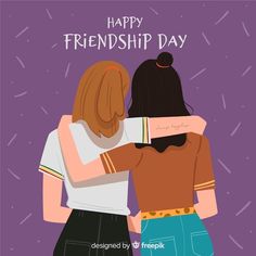 two women hugging each other in front of a purple background with the words happy friendship day