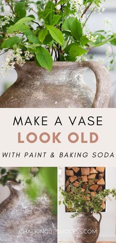 an old vase with paint and baking soda is shown in this collage, which shows how to make a vase look old