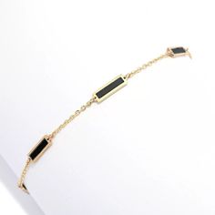 Add a gorgeous splash of color and style to any look with this Sabrina Designs bracelet. It beautifully displays six 7.5mmx1.65mm rectangular gemstone inlays. Choose from turquoise, malachite, mother-of-pearl or onyx. It's crafted in 14K yellow gold with a polished finish that provides brilliant shine. The 7" cable link chain safely secures with a spring ring clasp. It's the perfect finishing touch whenever you want to add eye-catching color to your look, whether you're going casual or dressing Splash Of Color, Eye Catching Colors, 10k Gold, Bracelet Sizes, Bracelet Designs, Spring Rings, Link Chain, Link Bracelets, Mother Of Pearl