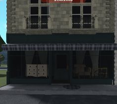 an animated image of a store front with the words standing on it's side