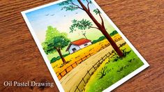 an oil pastel drawing of a country road with a house and trees on it