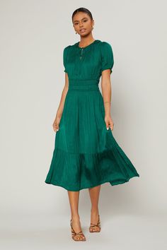 Feminine details and a crinkled texture add to the allure of this round-neck midi dress in a deep emerald shade. It's elegant yet so easy to wear, cut with short-sleeve styling and comfortably cinched at the waist. •On average, customers say it fits true to size •Round neck with button closures •Short sleeves •Elasticized waist •Ruched piecing at hem DIMENSIONS •Standard: 48.25" Length Item number 2090136 100% Polyester dry clean Silk Cami Top, Always A Bridesmaid, Feminine Details, Grad Dresses, Pleated Midi Dress, Green Midi Dress, Midi Length Dress, Style Mistakes, Trending Dresses