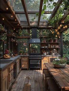 an outdoor kitchen with wooden floors and lots of plants on the counter top, surrounded by potted plants