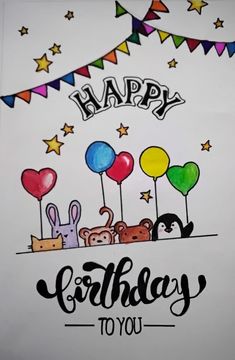 a happy birthday card with animals and balloons on the front, in black lettering that reads happy birthday to you