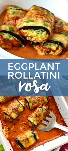 eggplant rollatini with tomato sauce and zucchini in a casserole dish