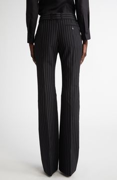 Impeccably tailored in a sleek bootcut from a wool-mohair blend, these pinstriped pants add a polished finish to any look. Zip fly with hook-and-bar closure Front slant pockets; back button-welt pocket 75% wool, 25% mohair Dry clean Made in Italy Designer Clothing Tailored Dress Pants With Vertical Stripes For Work, Tailored Vertical Striped Pants For Office, Tailored Vertical Stripe Dress Pants For Work, Classic Striped Formal Bottoms, Classic Striped Dress Pants For Office, Classic Striped Dress Pants For Formal Occasions, Fitted Striped Pants For Office, Elegant Striped Bottoms For Business, Elegant Striped Fitted Bottoms