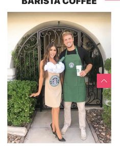 a man and woman standing in front of a gate with starbucks cups on their aprons