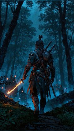 an image of a man in the woods at night with fire coming from his back