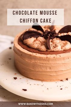 chocolate mousse chiffon cake with text overlay that reads, chocolate mousse chiffon cake