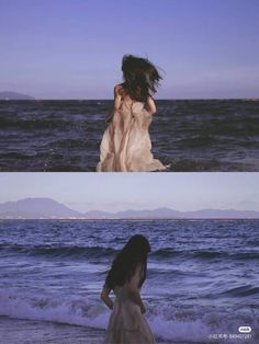 two pictures of a woman walking on the beach with her hair blowing in the wind