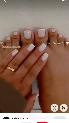 Short Square Manicure Nails, Short French Tip Pedicure, Milky White French Pedicure, Milk White Nails With French Tip, Milk White Manicure, Matching French Manicure And Pedicure, Summer Nails Neutral Classy, Pedi And Mani Ideas Color Combos