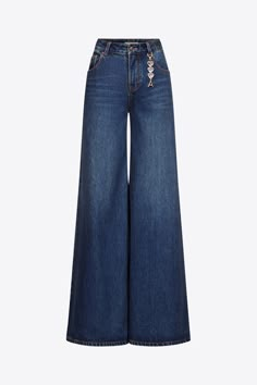 Denim wide leg mid rise jean featuring removable crystal heart charm and 'AREA' crystal nameplate at rear pocket. Zip / fly closure at center front. Available in Dark Medium Wash. Dior Jeans, Trend Jeans, Skirt And Top Dress, Leather Denim, Mid Rise Jeans, Wide Leg Denim, Crystal Heart, Denim Pant, Skirt Top