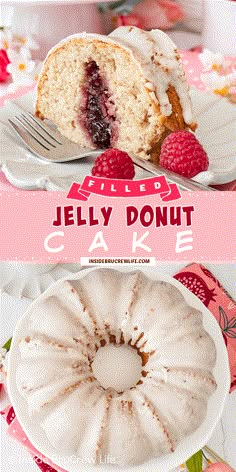 a cake with raspberries on top and the words jelly donut cake above it