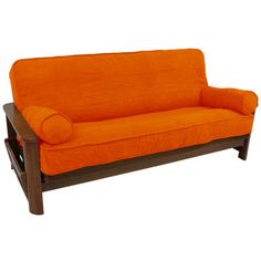 an orange couch sitting on top of a wooden frame