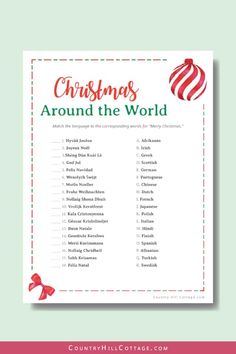 the christmas around the world printable game is shown in red, green and white