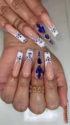 Blue Nails Mexican, Long Mexican Nails, Fuerza Regida Concert Nails, Blue And White Mexican Nails, Ranchera Nails, Clase Azul Tequila Nails, Tequila Inspired Nails, Latina Summer Nails, Don Julio Nails