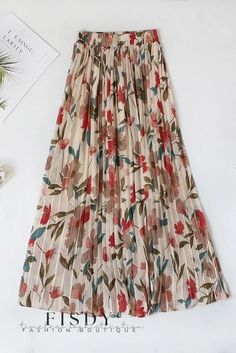 Fisdy - Chic Chiffon Maxi Skirt with Beautiful Floral Print and High-Waisted Design Beige Floral Print Skirt, Non-stretch Multicolor Floral Print Skirt, Beige Floral Print Long Skirt, Chiffon Maxi Skirt, Gowns Dresses Elegant, High Waisted Maxi Skirt, Flowers Fabric, Floral Print Chiffon, Pleated Maxi Skirt